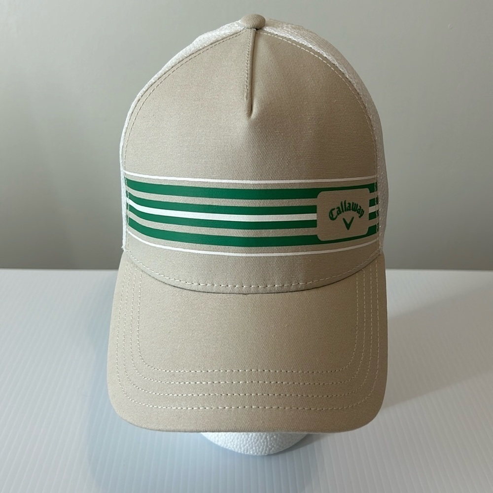Callaway‎ Hat Cap Snap Back Mens Beige Green Stripe Mesh Trucker EUC